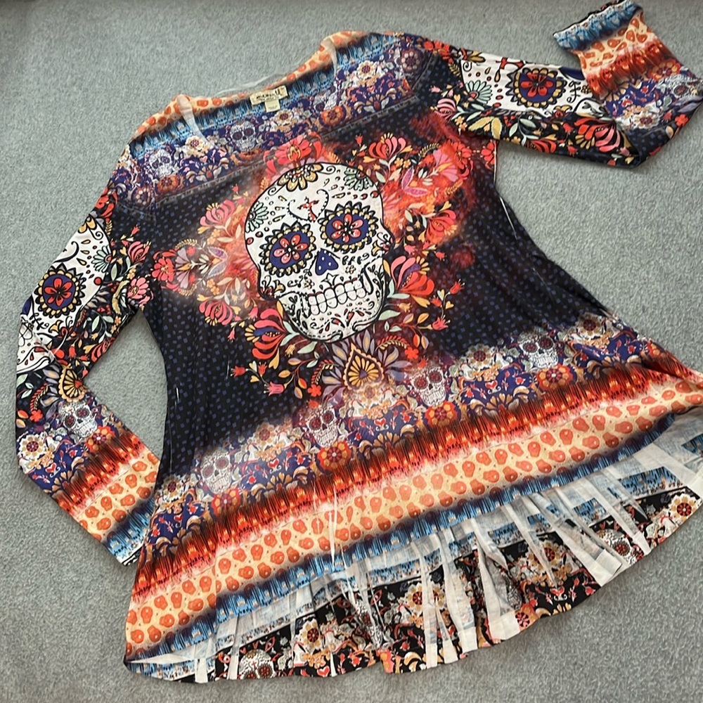 Whimsigoth Skull Tunic Top Medium Multicolored Floral Festival Grunge
